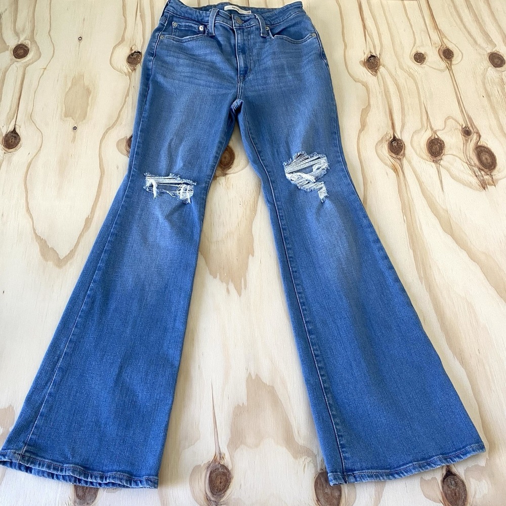 Levis 726 Flare Jeans Womens 28 Light Wash Denim High Rise Stretch Distressed